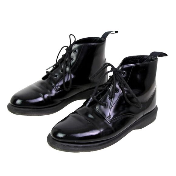 Dr. Martens SHINY BLACK LEATHER LOW HEEL LACE UP ROUND TOE ANKLE BOOTS Sz 7/38 - Picture 3 of 11
